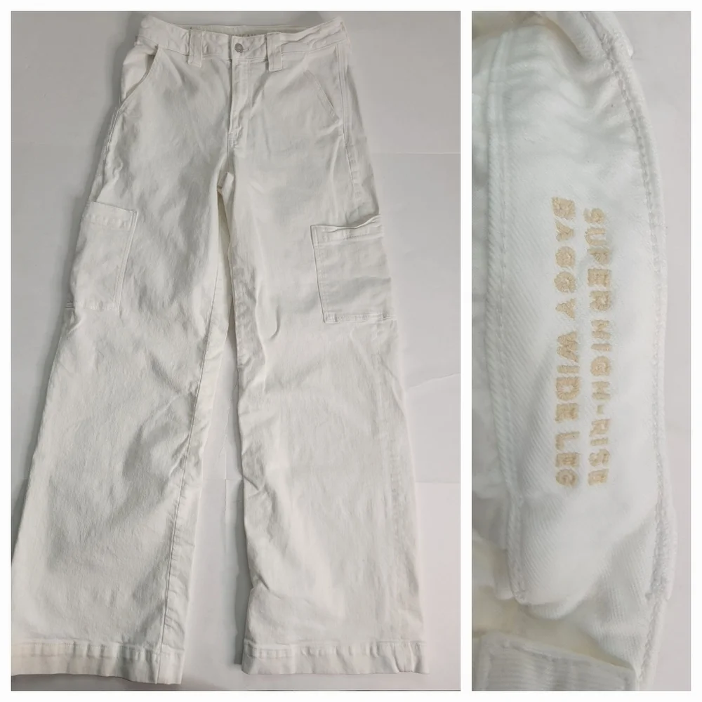 American Eagle Jean Sz 6 Long Cargo Super High Rise Baggy Wide Leg White